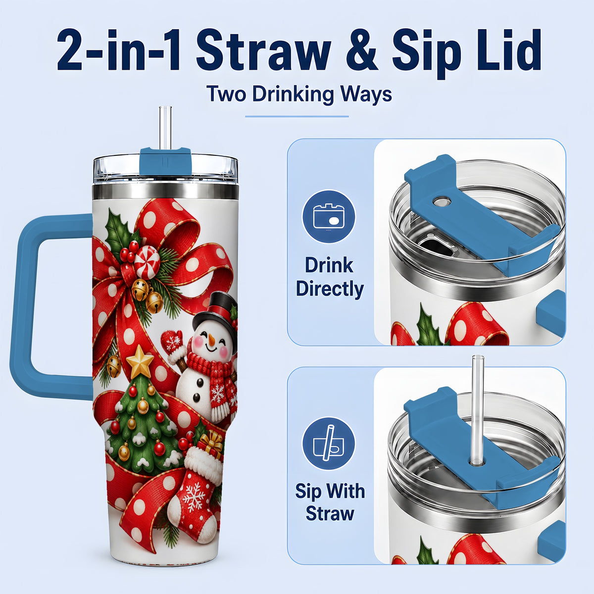 #pl[40oz|Blue] Snowman Christmas Bow Handled Tumbler, 40oz Holiday Drinkware
