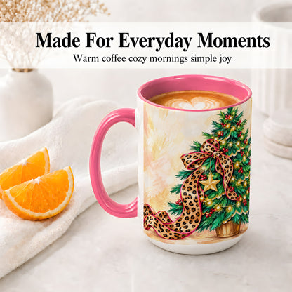 #pl[15oz|Pink] Leopard Print Christmas Tree Accent Mug, Ceramic Cup with Bow Art