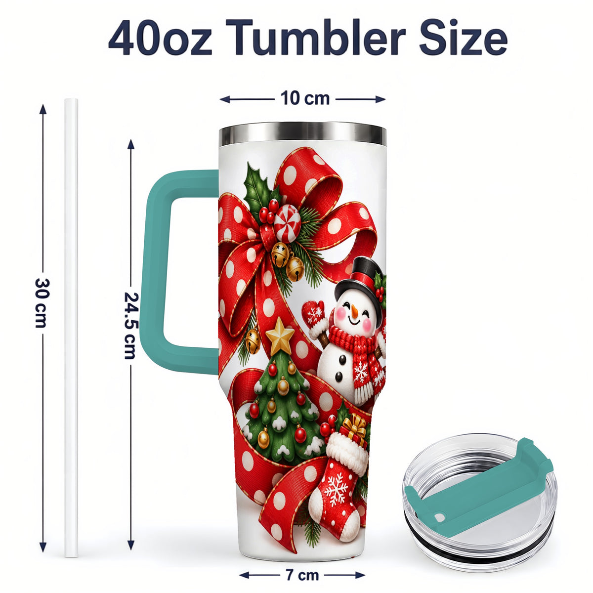#pl[40oz|Green] Snowman Christmas Bow Handled Tumbler, 40oz Holiday Drinkware
