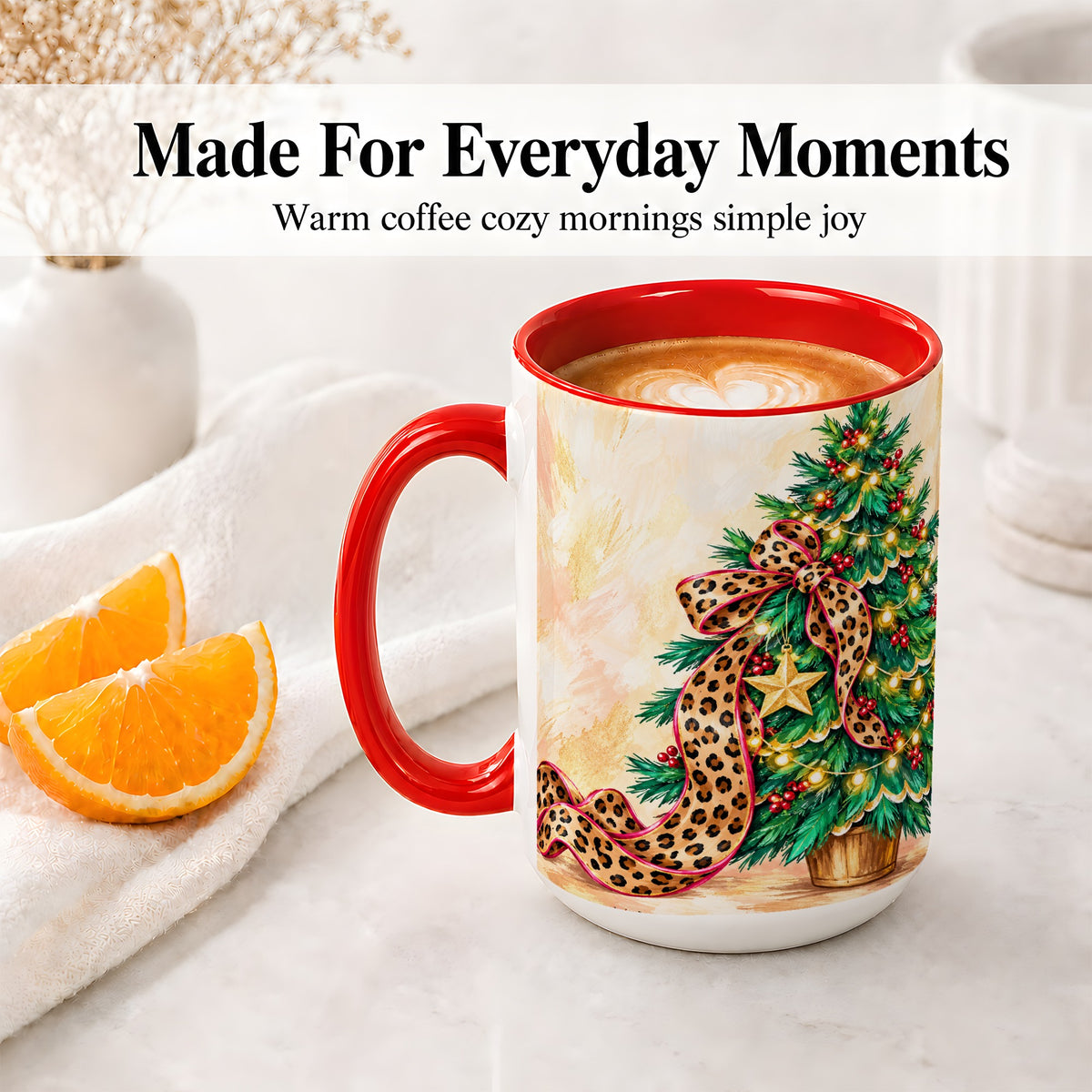 #pl[15oz|Red] Leopard Print Christmas Tree Accent Mug, Ceramic Cup with Bow Art