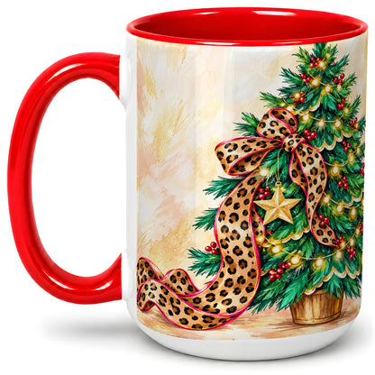 #pl[15oz|Red] Leopard Print Christmas Tree Accent Mug, Ceramic Cup with Bow Art