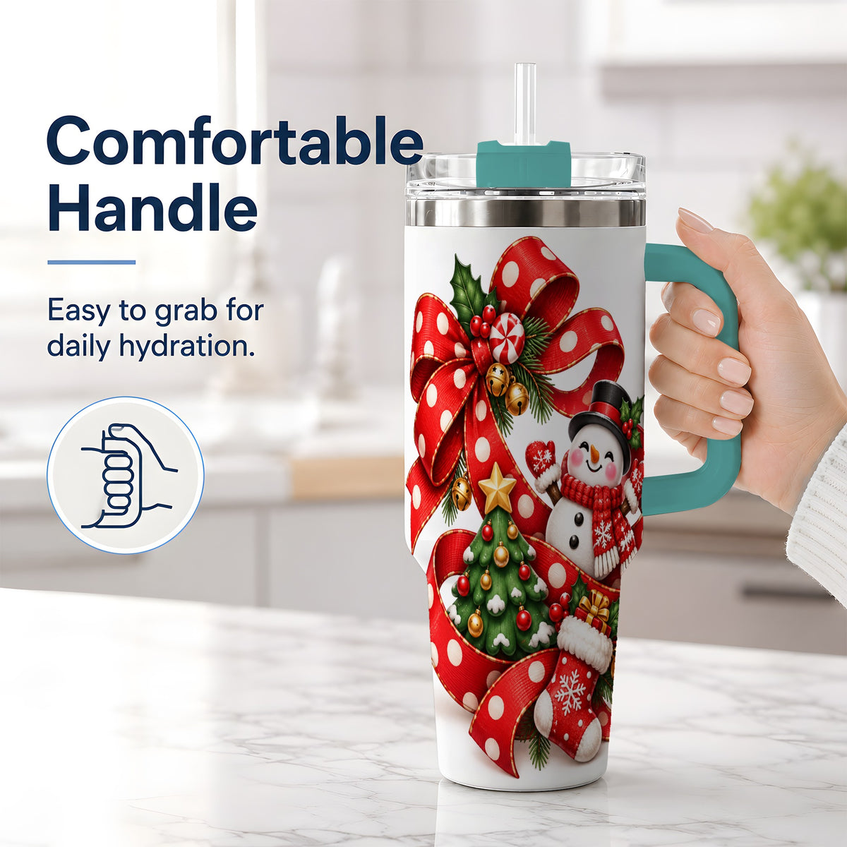 #pl[40oz|Green] Snowman Christmas Bow Handled Tumbler, 40oz Holiday Drinkware