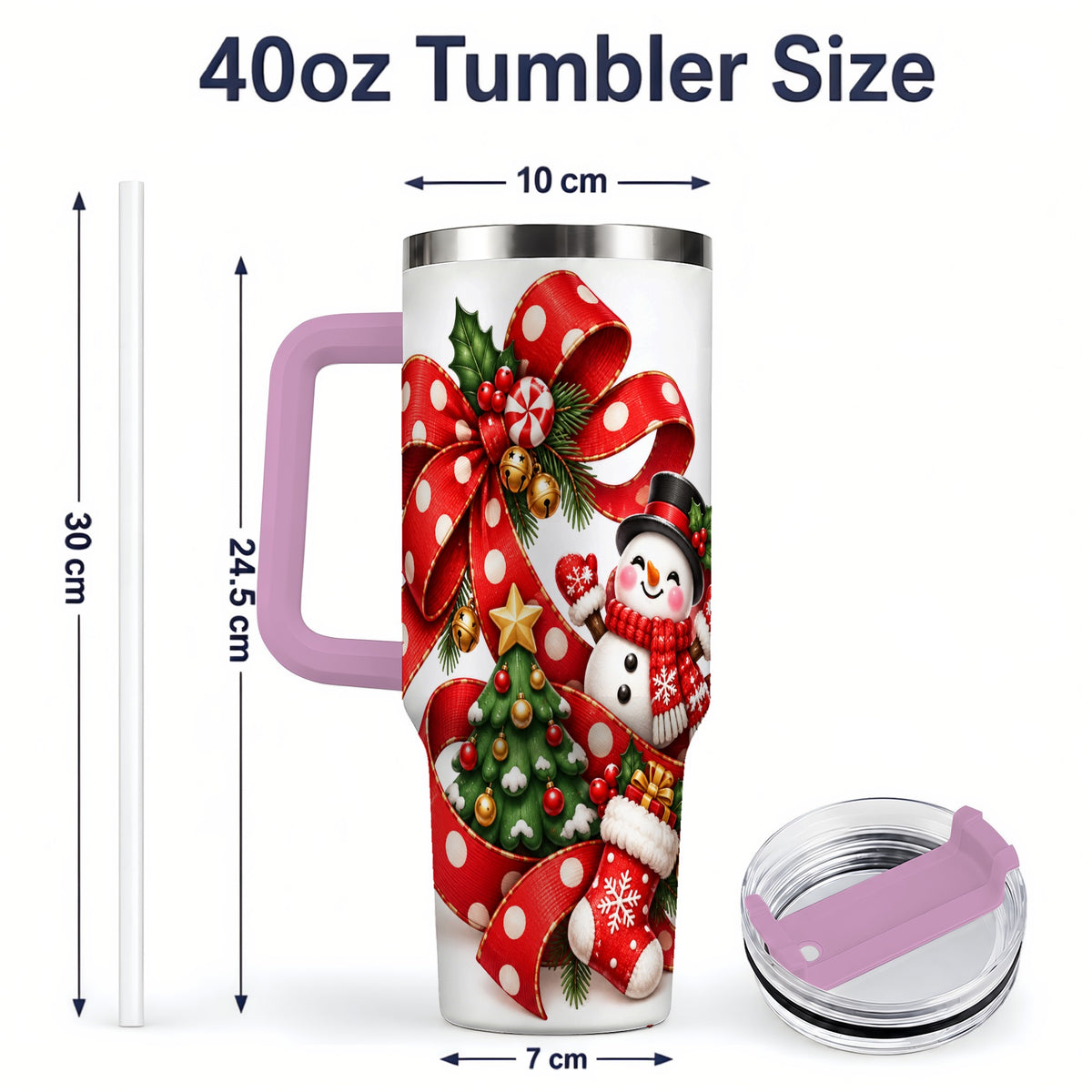 #pl[40oz|Pink] Snowman Christmas Bow Handled Tumbler, 40oz Holiday Drinkware