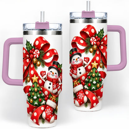 #pl[40oz|Pink] Snowman Christmas Bow Handled Tumbler, 40oz Holiday Drinkware