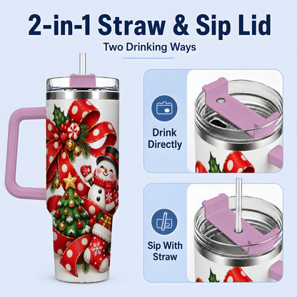 #pl[40oz|Pink] Snowman Christmas Bow Handled Tumbler, 40oz Holiday Drinkware
