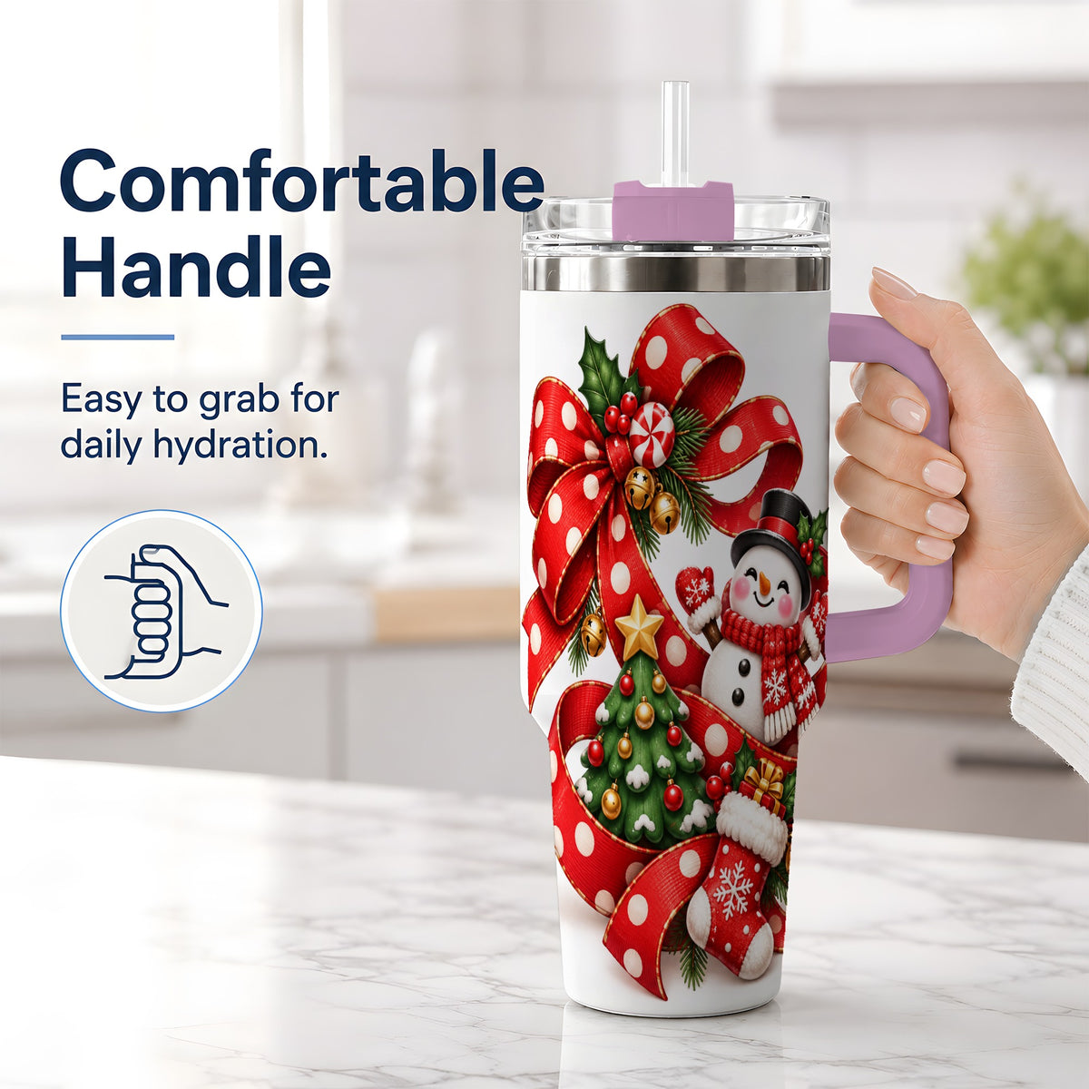 #pl[40oz|Pink] Snowman Christmas Bow Handled Tumbler, 40oz Holiday Drinkware