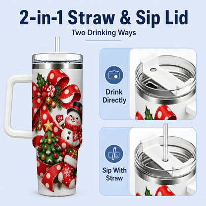 #pl[40oz|White] Snowman Christmas Bow Handled Tumbler, 40oz Holiday Drinkware
