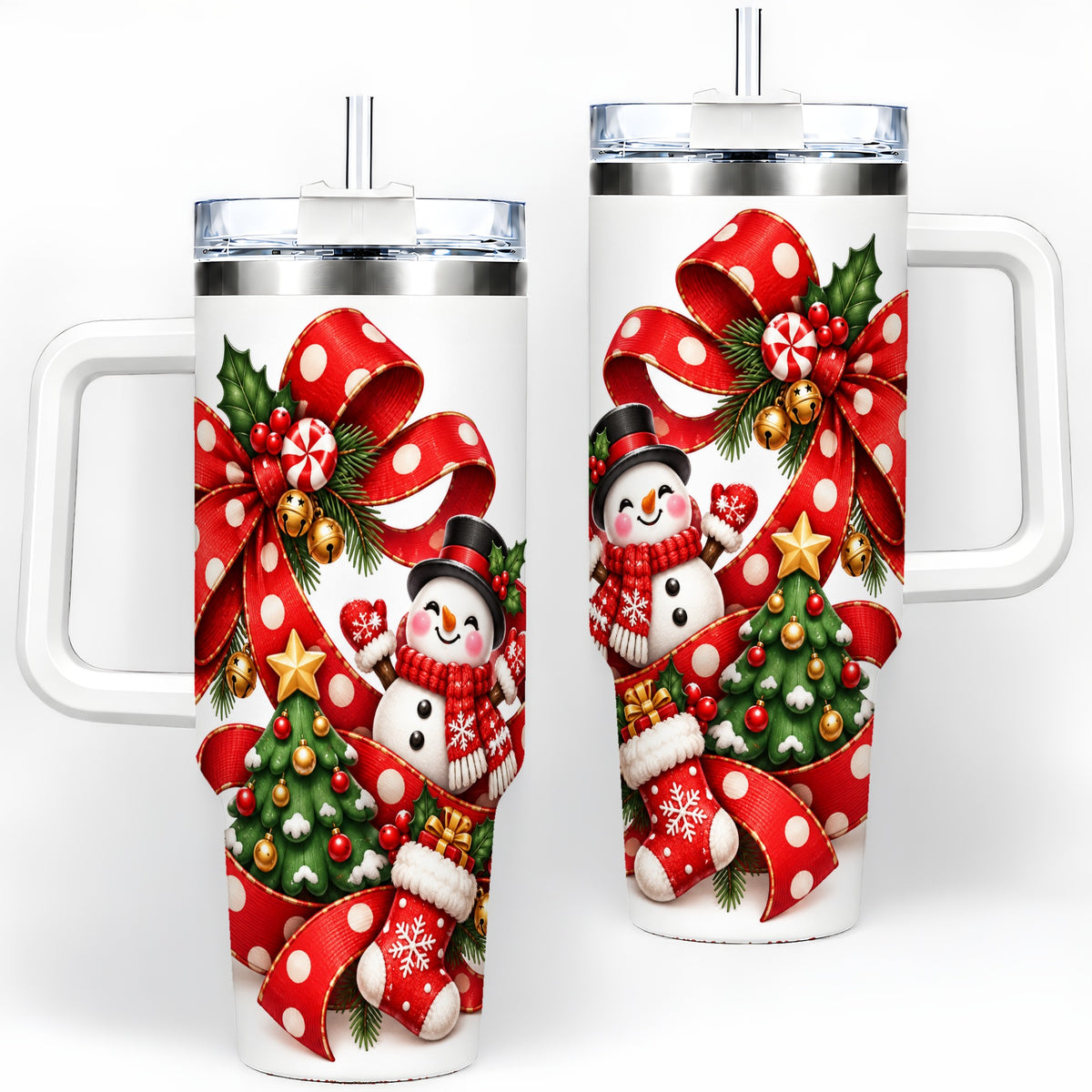 Snowman Christmas Bow Handled Tumbler, 40oz Holiday Drinkware