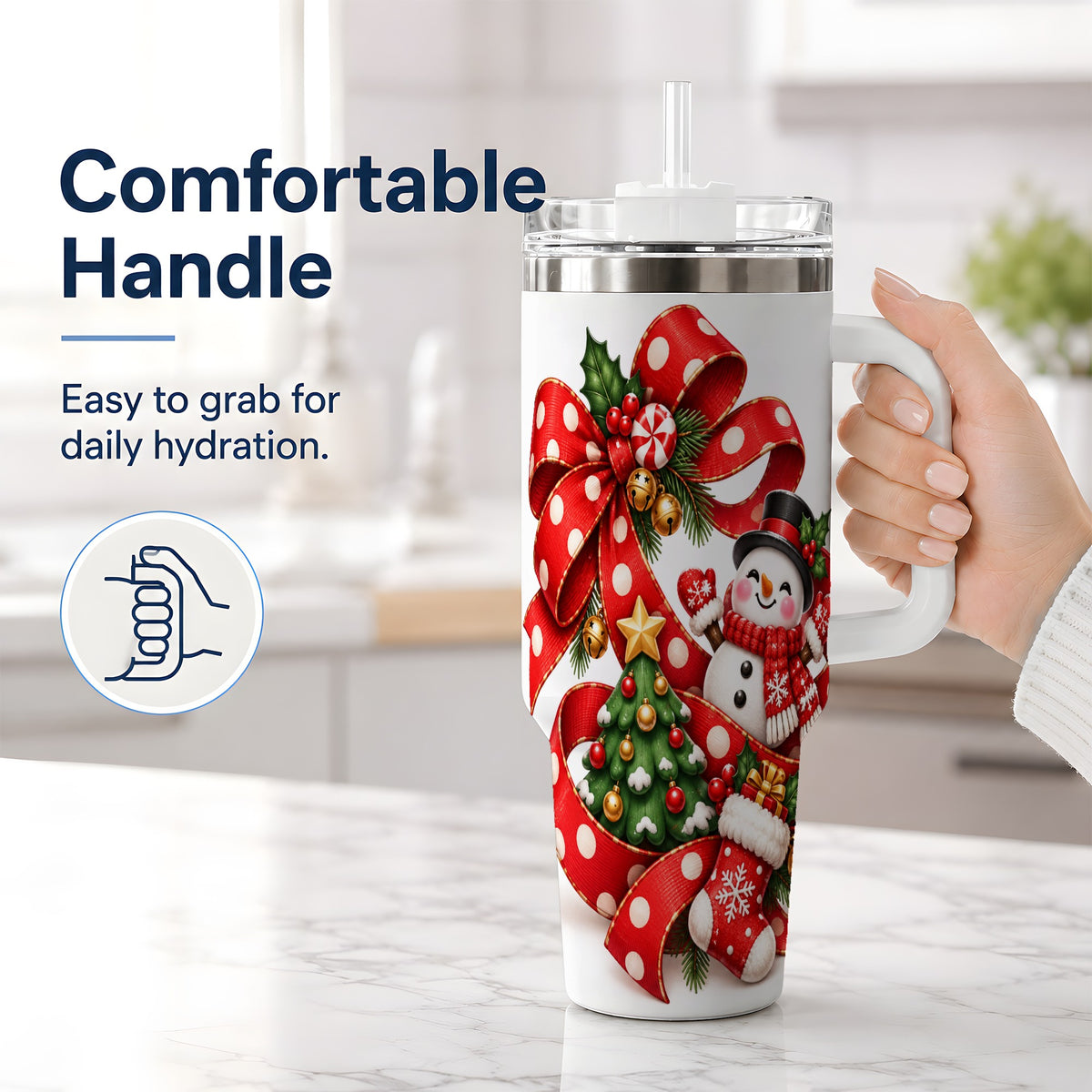 #pl[40oz|White] Snowman Christmas Bow Handled Tumbler, 40oz Holiday Drinkware