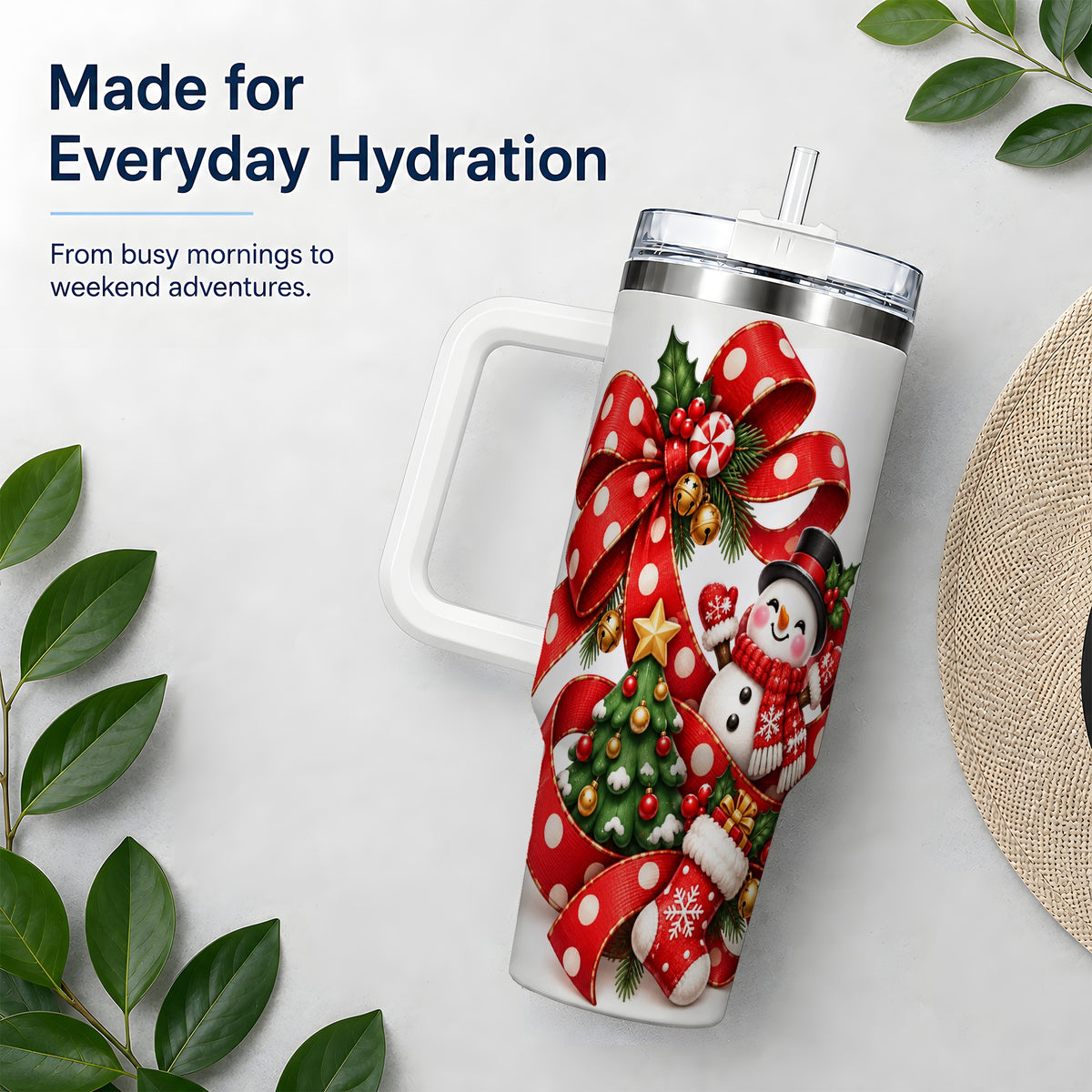 Snowman Christmas Bow Handled Tumbler, 40oz Holiday Drinkware