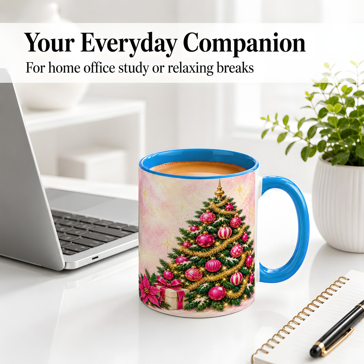 #pl[11oz|Blue] Pink Christmas Ornaments Accent Mug, Ceramic Cup with Tree Art