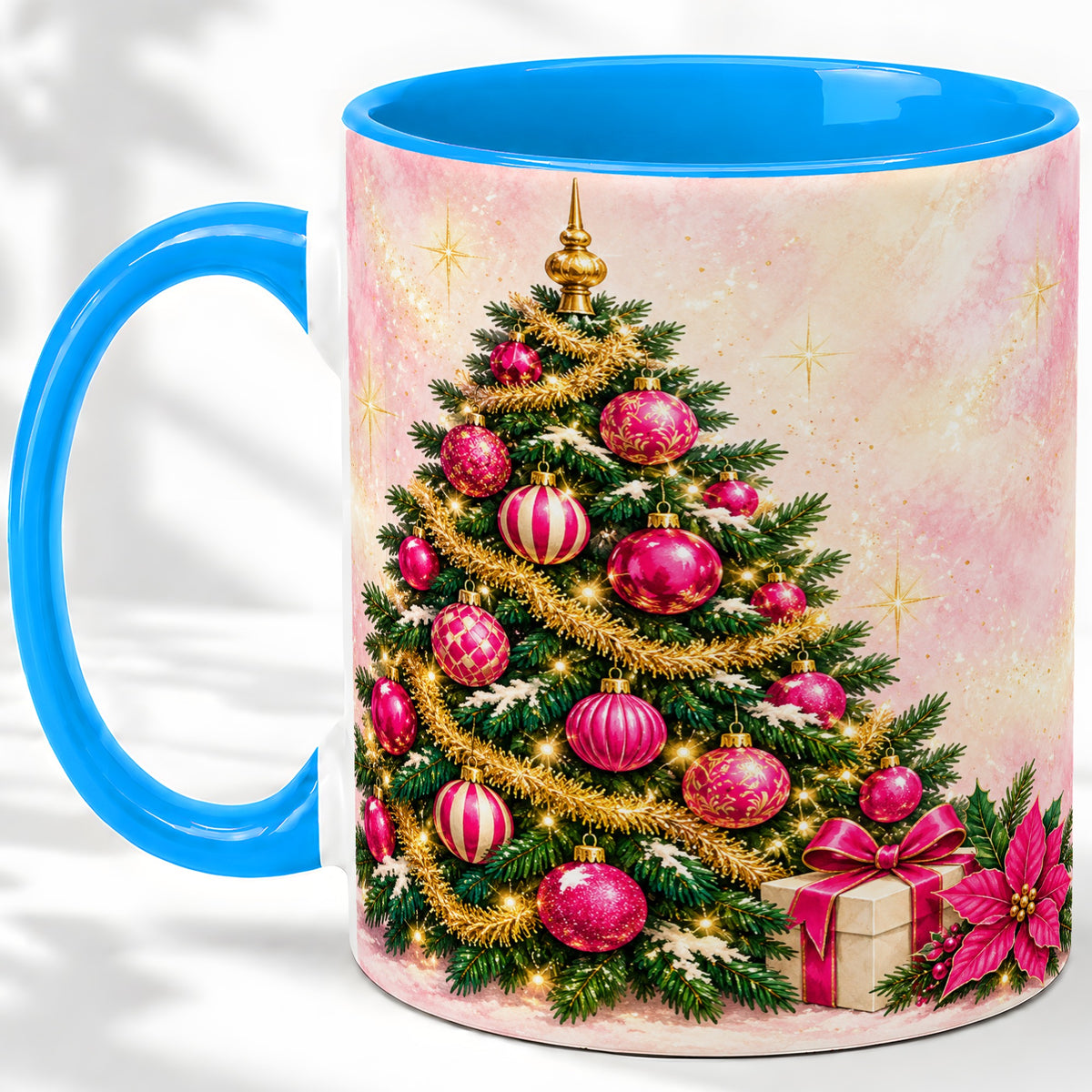 #pl[11oz|Blue] Pink Christmas Ornaments Accent Mug, Ceramic Cup with Tree Art