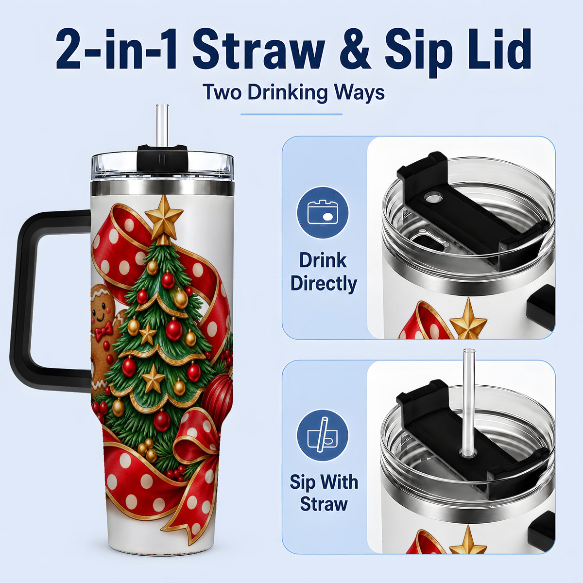 #pl[40oz|Black] Gingerbread Christmas Tree Handled Tumbler, 40oz Holiday Drinkware