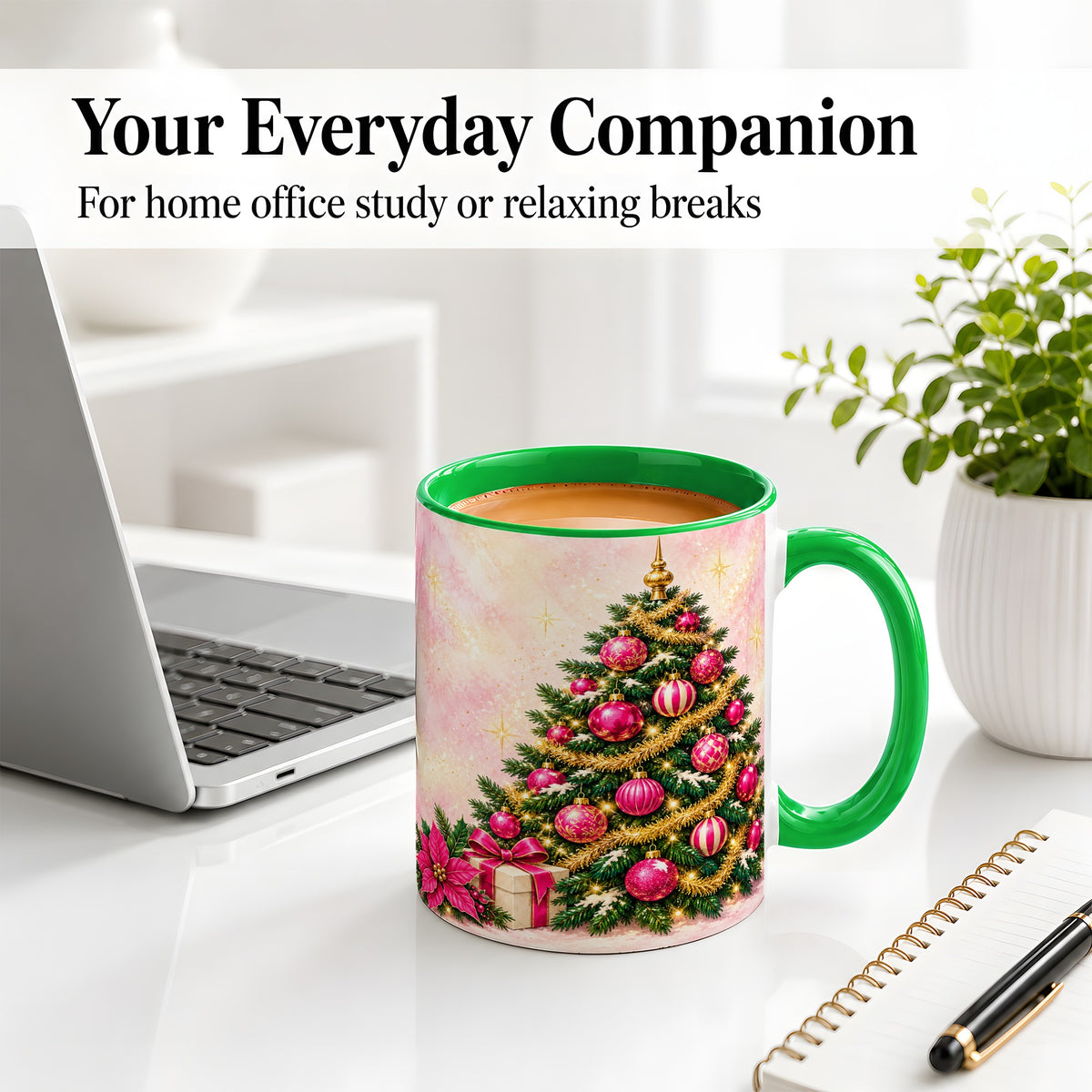 #pl[11oz|Green] Pink Christmas Ornaments Accent Mug, Ceramic Cup with Tree Art