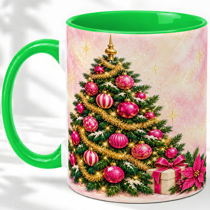 #pl[11oz|Green] Pink Christmas Ornaments Accent Mug, Ceramic Cup with Tree Art