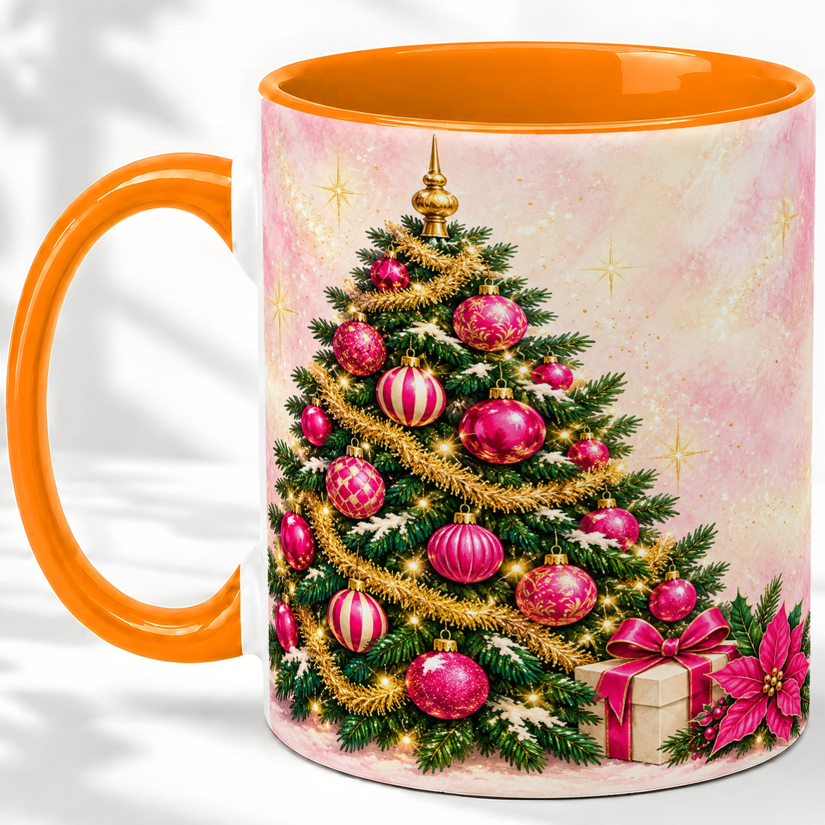 #pl[11oz|Orange] Pink Christmas Ornaments Accent Mug, Ceramic Cup with Tree Art