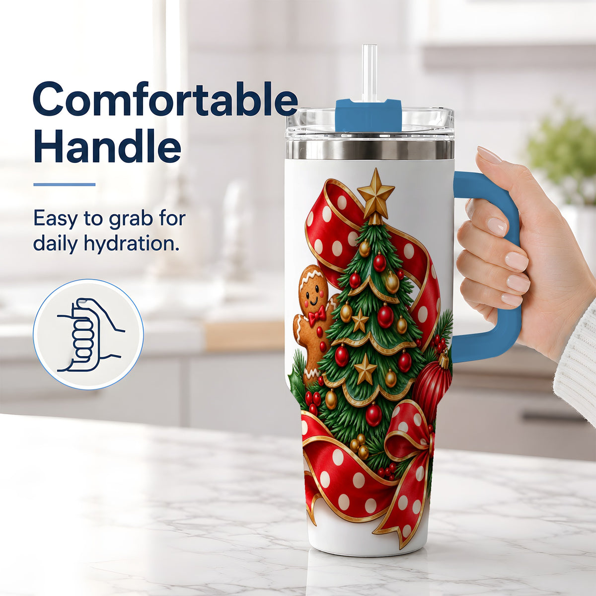 #pl[40oz|Blue] Gingerbread Christmas Tree Handled Tumbler, 40oz Holiday Drinkware