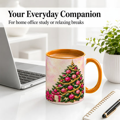 #pl[11oz|Orange] Pink Christmas Ornaments Accent Mug, Ceramic Cup with Tree Art