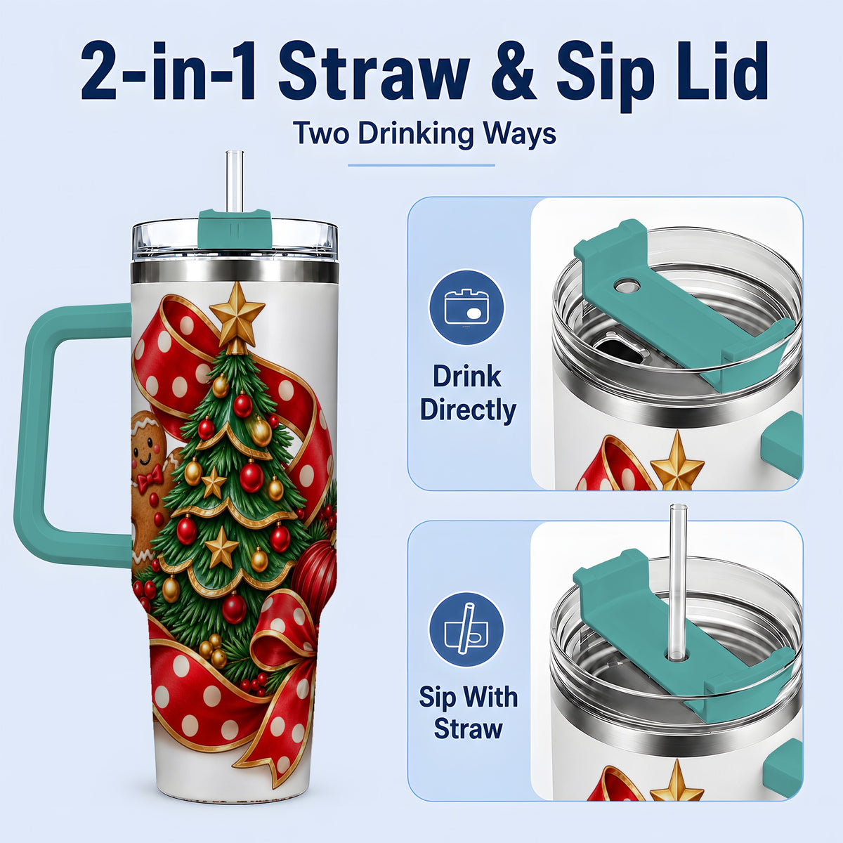 #pl[40oz|Green] Gingerbread Christmas Tree Handled Tumbler, 40oz Holiday Drinkware