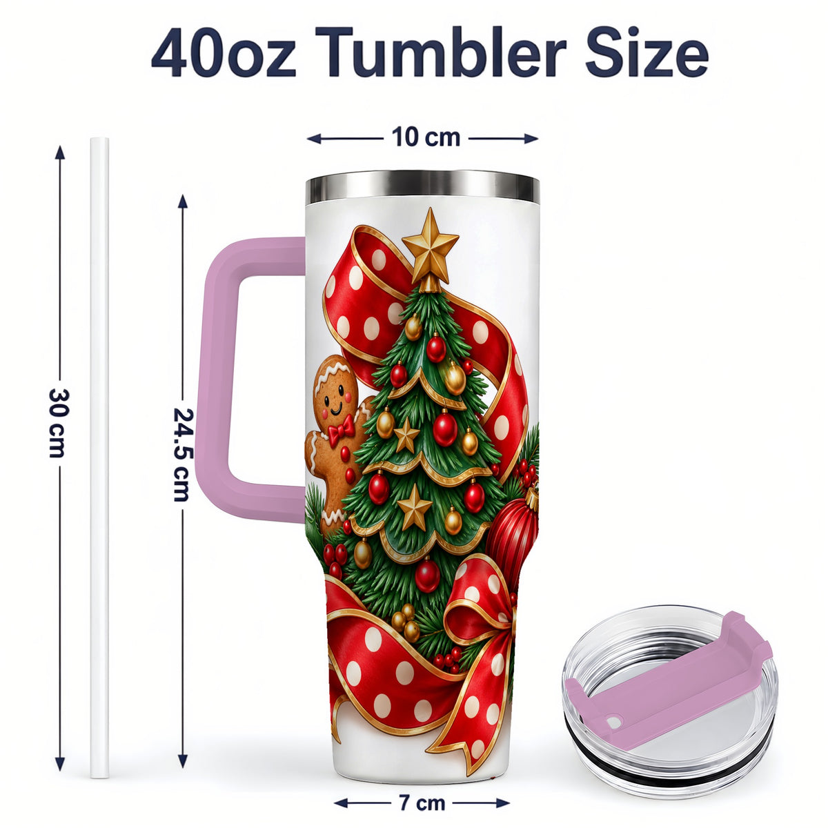 #pl[40oz|Pink] Gingerbread Christmas Tree Handled Tumbler, 40oz Holiday Drinkware