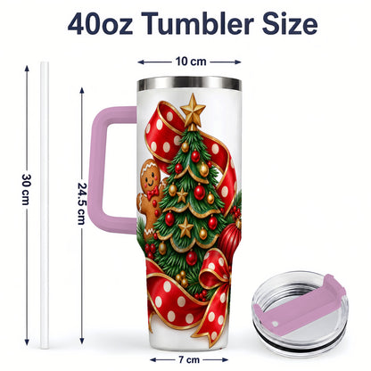 #pl[40oz|Pink] Gingerbread Christmas Tree Handled Tumbler, 40oz Holiday Drinkware