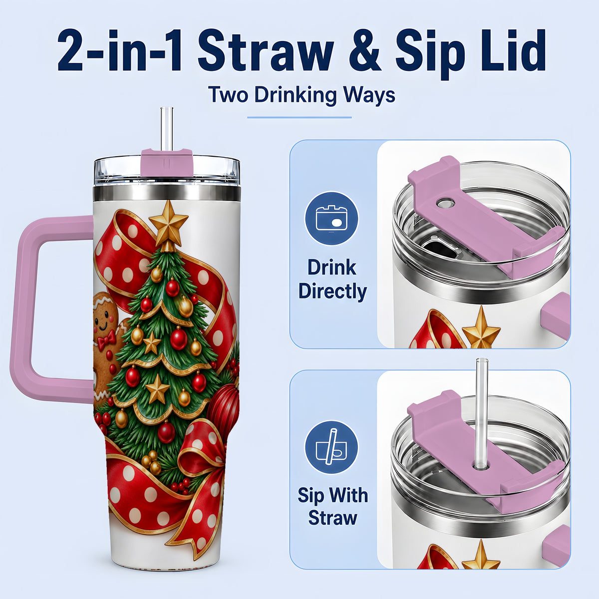 #pl[40oz|Pink] Gingerbread Christmas Tree Handled Tumbler, 40oz Holiday Drinkware