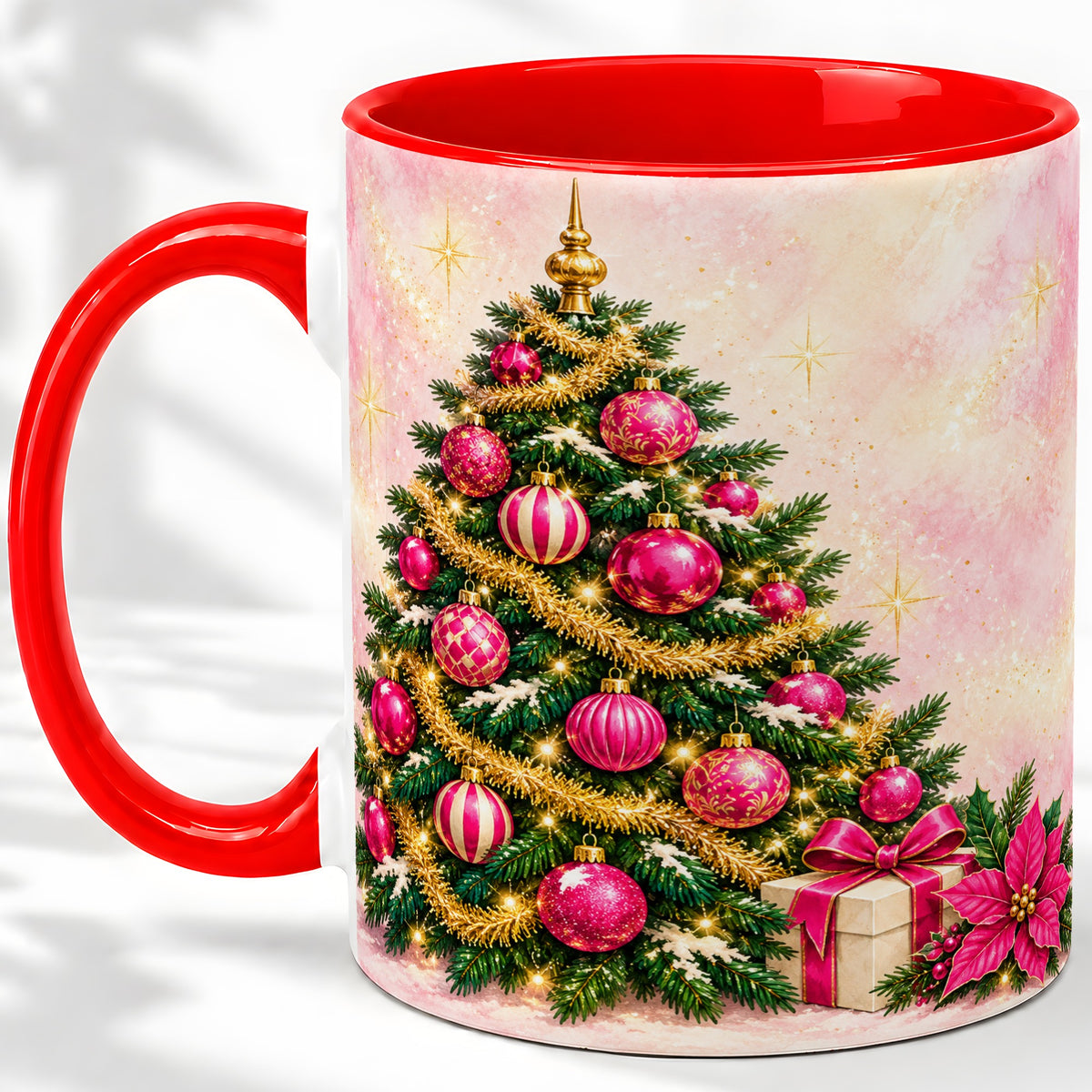Pink Christmas Ornaments Accent Mug, Ceramic Cup with Tree Art