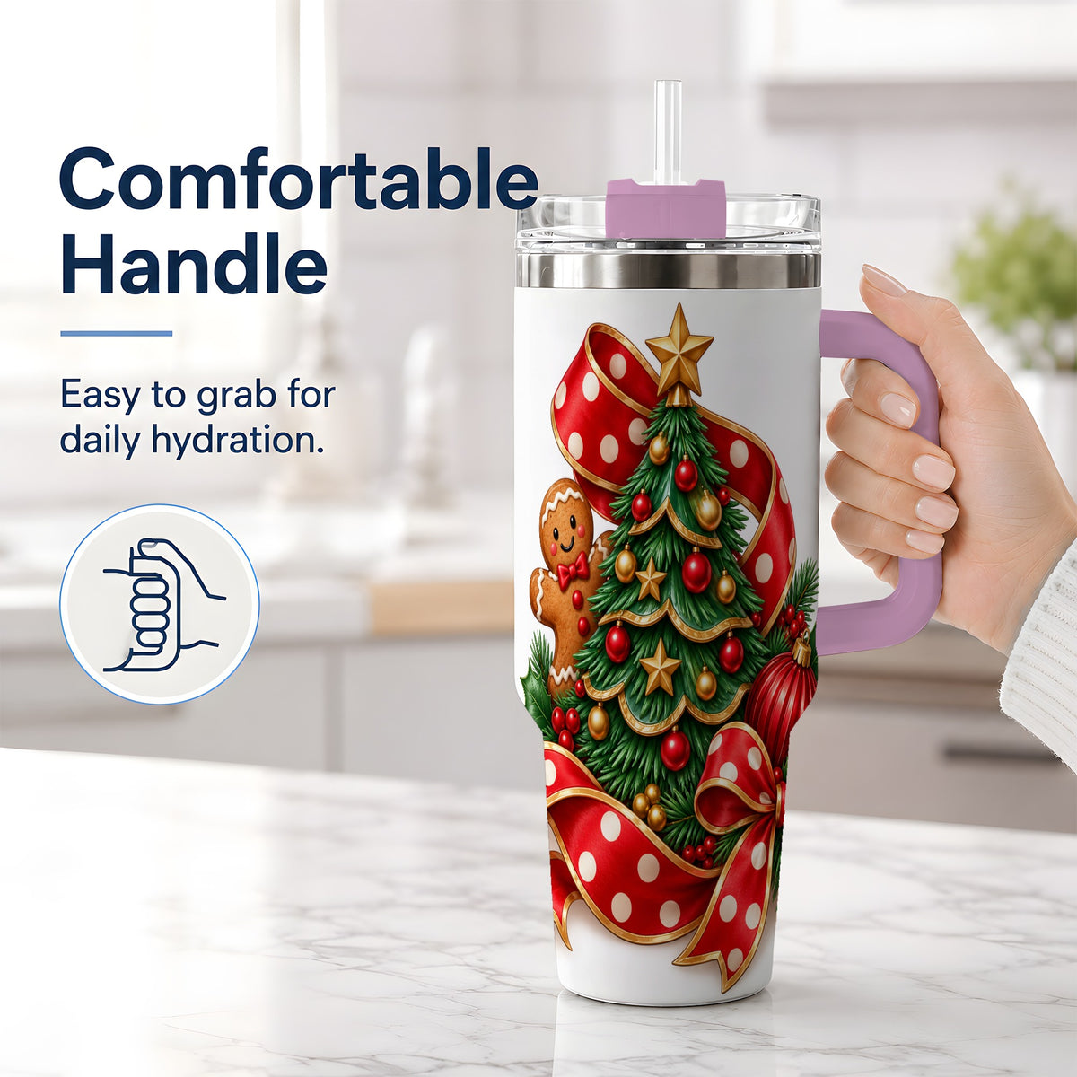 #pl[40oz|Pink] Gingerbread Christmas Tree Handled Tumbler, 40oz Holiday Drinkware