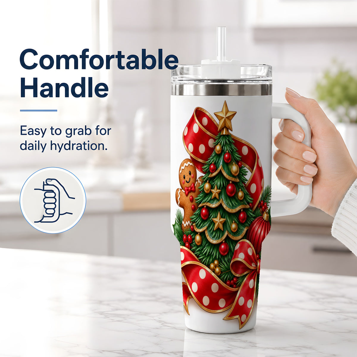 #pl[40oz|White] Gingerbread Christmas Tree Handled Tumbler, 40oz Holiday Drinkware