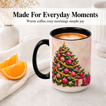 #pl[15oz|Black] Pink Christmas Ornaments Accent Mug, Ceramic Cup with Tree Art