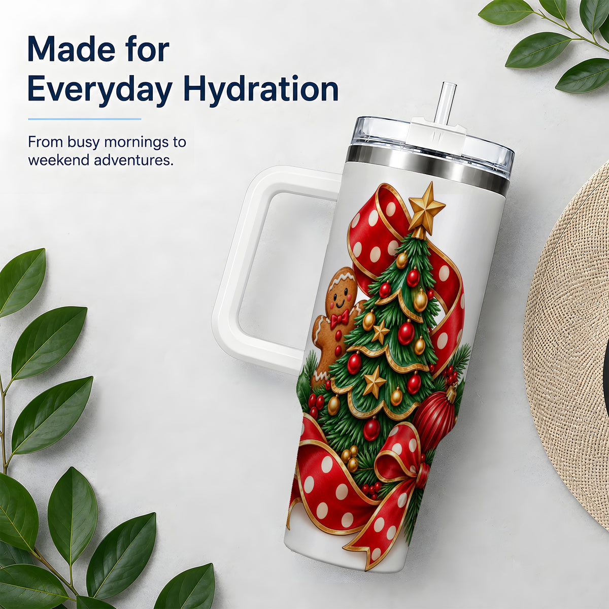 Gingerbread Christmas Tree Handled Tumbler, 40oz Holiday Drinkware
