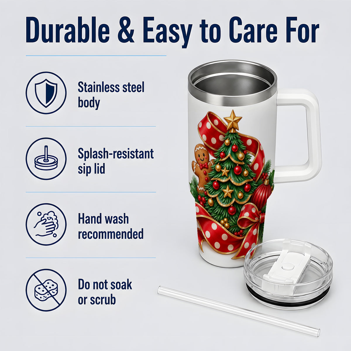 Gingerbread Christmas Tree Handled Tumbler, 40oz Holiday Drinkware