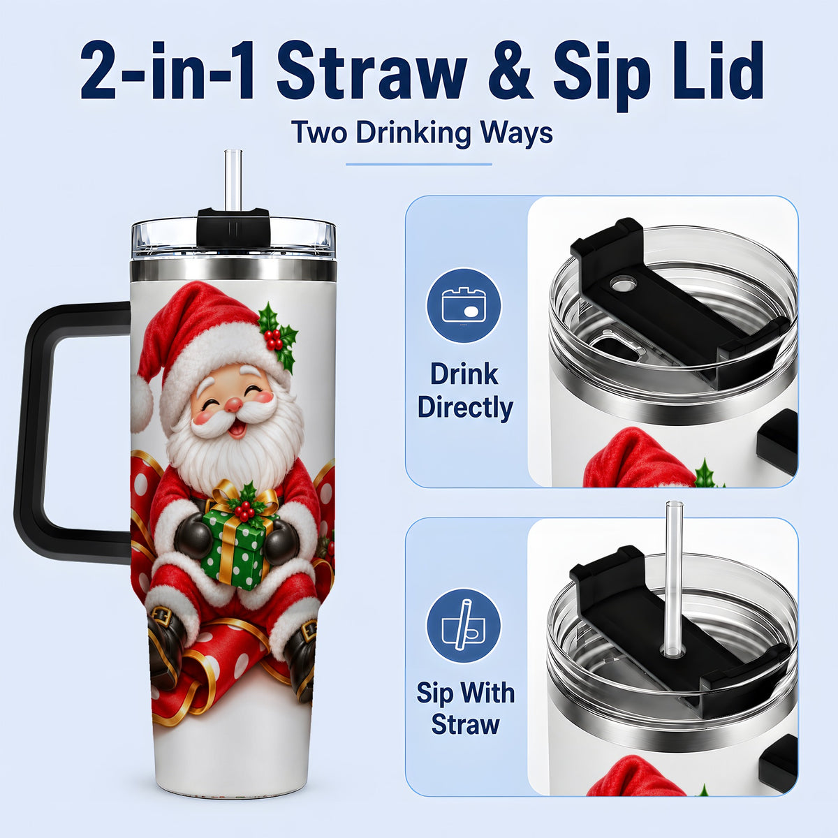 #pl[40oz|Black] Santa Claus Christmas Handled Tumbler, 40oz Festive Drinkware