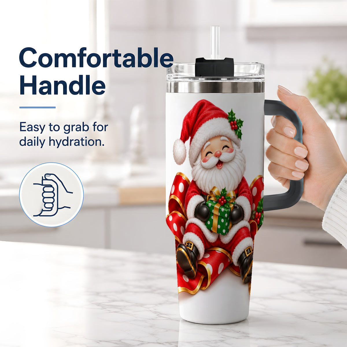 #pl[40oz|Black] Santa Claus Christmas Handled Tumbler, 40oz Festive Drinkware