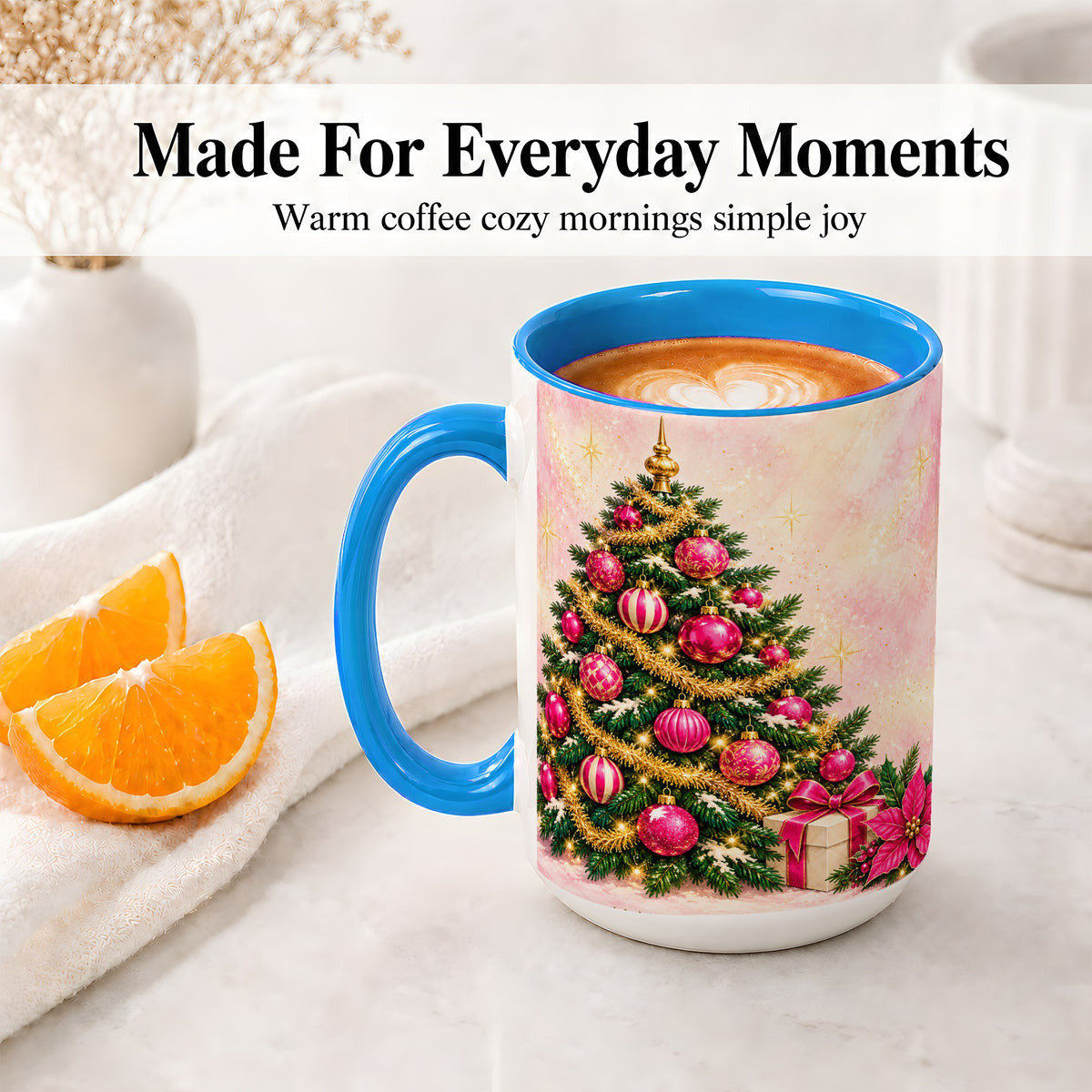 #pl[15oz|Blue] Pink Christmas Ornaments Accent Mug, Ceramic Cup with Tree Art