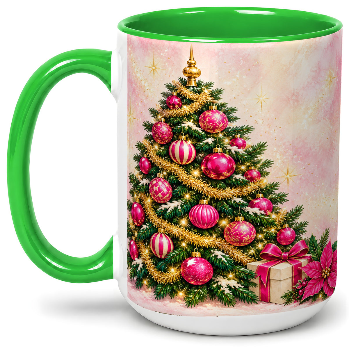 #pl[15oz|Green] Pink Christmas Ornaments Accent Mug, Ceramic Cup with Tree Art