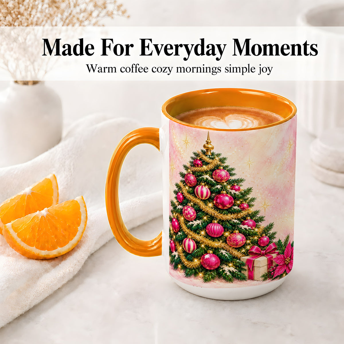 #pl[15oz|Orange] Pink Christmas Ornaments Accent Mug, Ceramic Cup with Tree Art