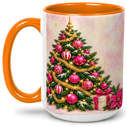 #pl[15oz|Orange] Pink Christmas Ornaments Accent Mug, Ceramic Cup with Tree Art