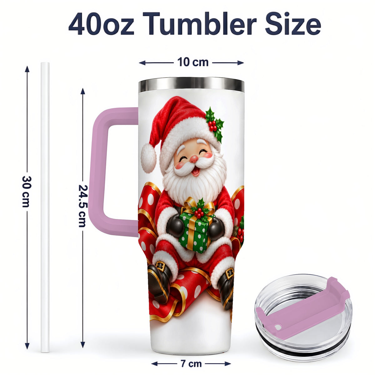 #pl[40oz|Pink] Santa Claus Christmas Handled Tumbler, 40oz Festive Drinkware