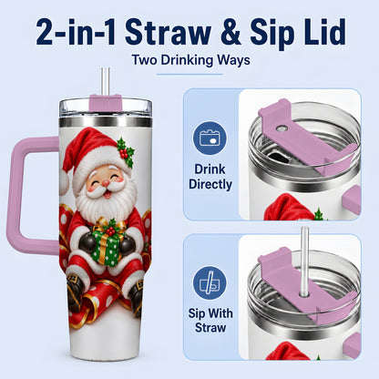 #pl[40oz|Pink] Santa Claus Christmas Handled Tumbler, 40oz Festive Drinkware