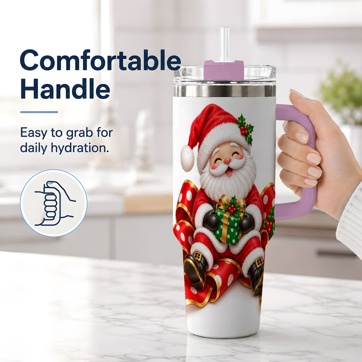 #pl[40oz|Pink] Santa Claus Christmas Handled Tumbler, 40oz Festive Drinkware