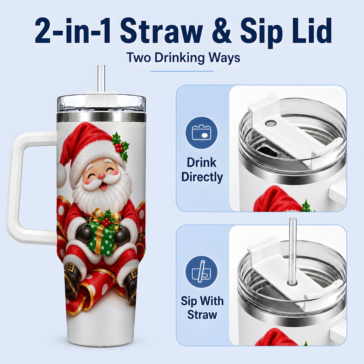 #pl[40oz|White] Santa Claus Christmas Handled Tumbler, 40oz Festive Drinkware
