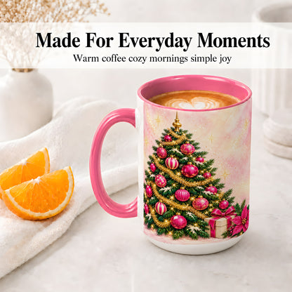 #pl[15oz|Pink] Pink Christmas Ornaments Accent Mug, Ceramic Cup with Tree Art