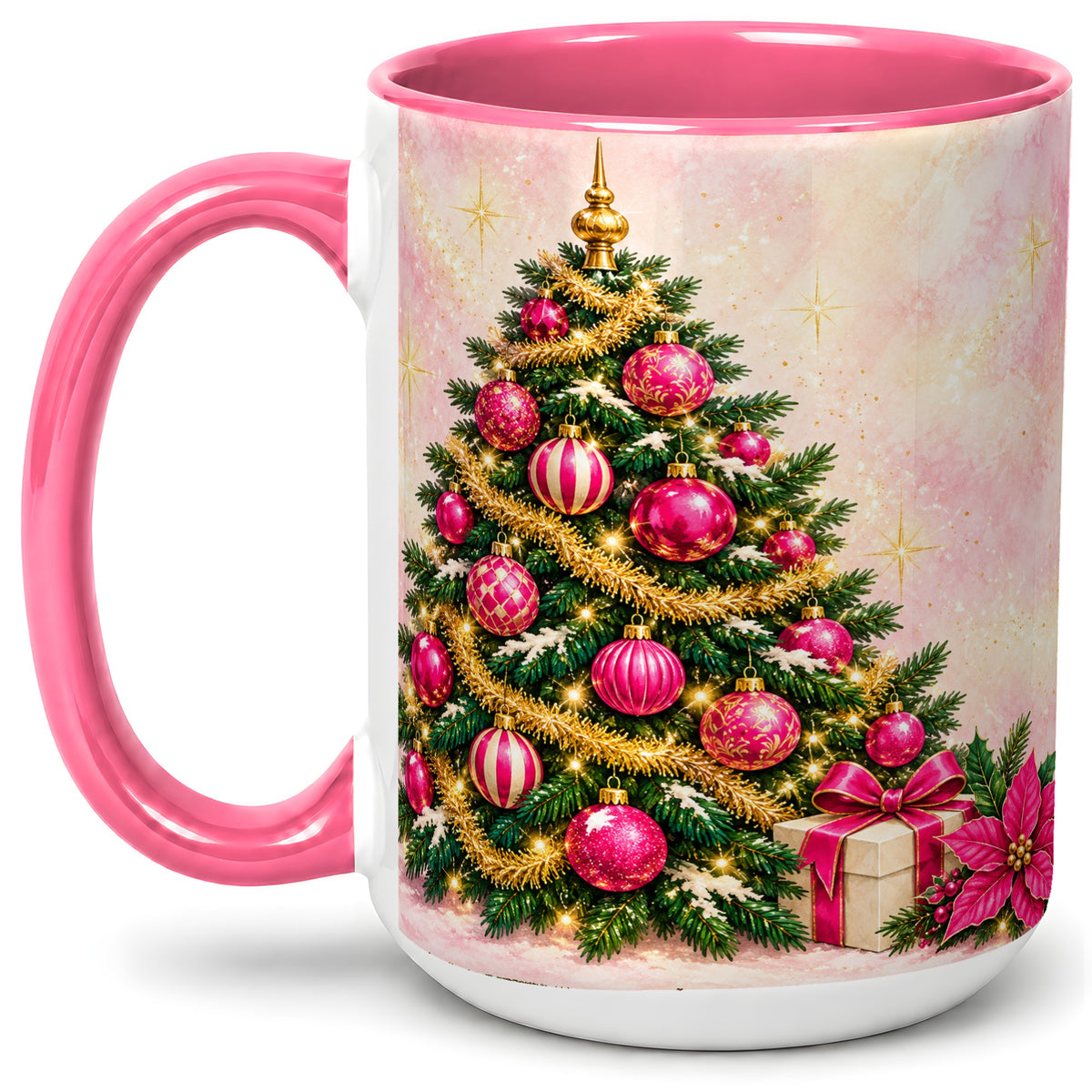 #pl[15oz|Pink] Pink Christmas Ornaments Accent Mug, Ceramic Cup with Tree Art