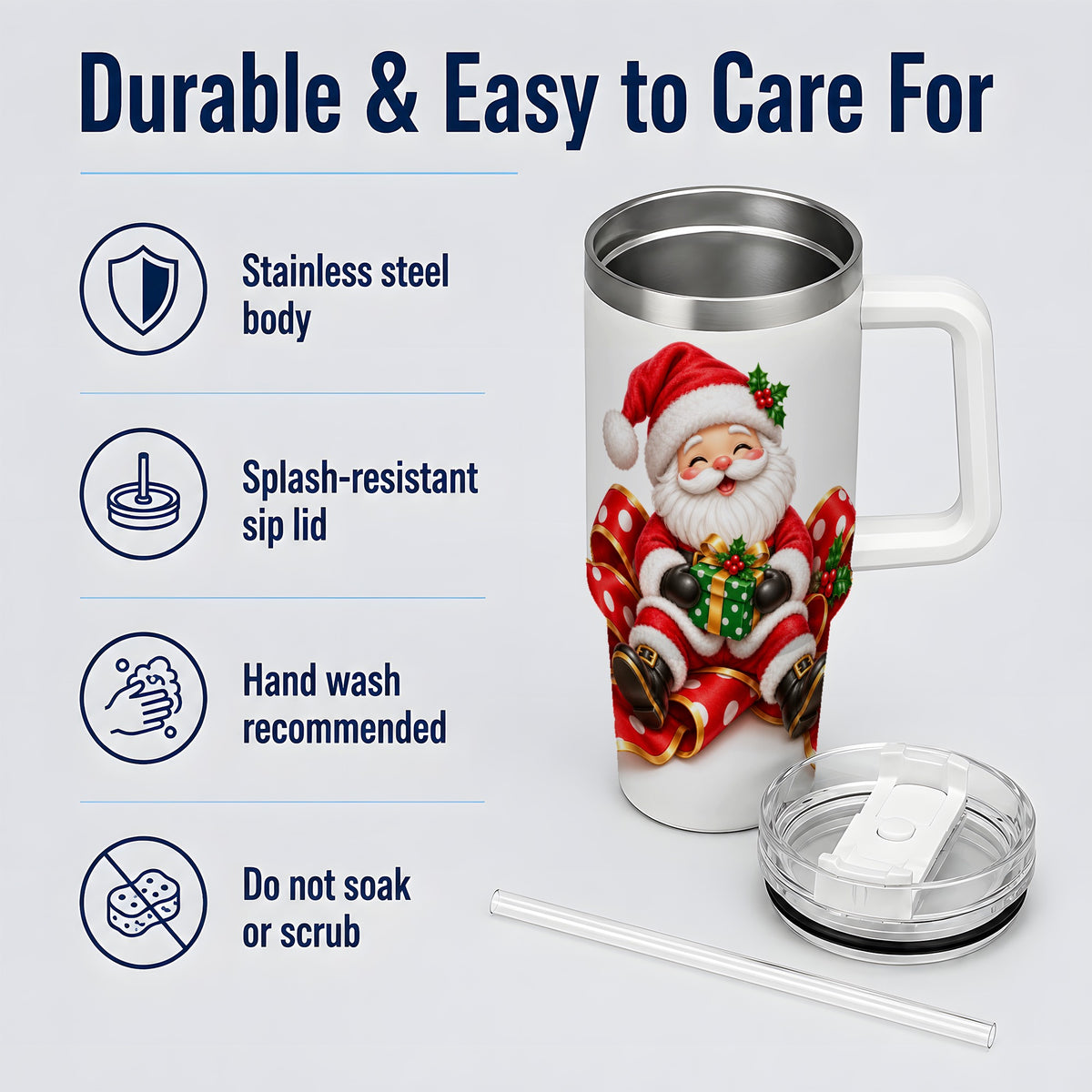 Santa Claus Christmas Handled Tumbler, 40oz Festive Drinkware