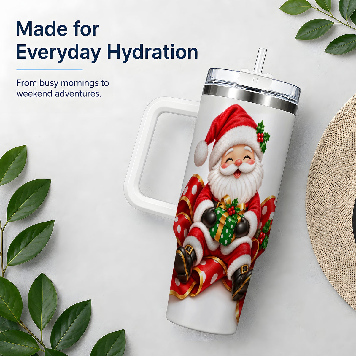 Santa Claus Christmas Handled Tumbler, 40oz Festive Drinkware