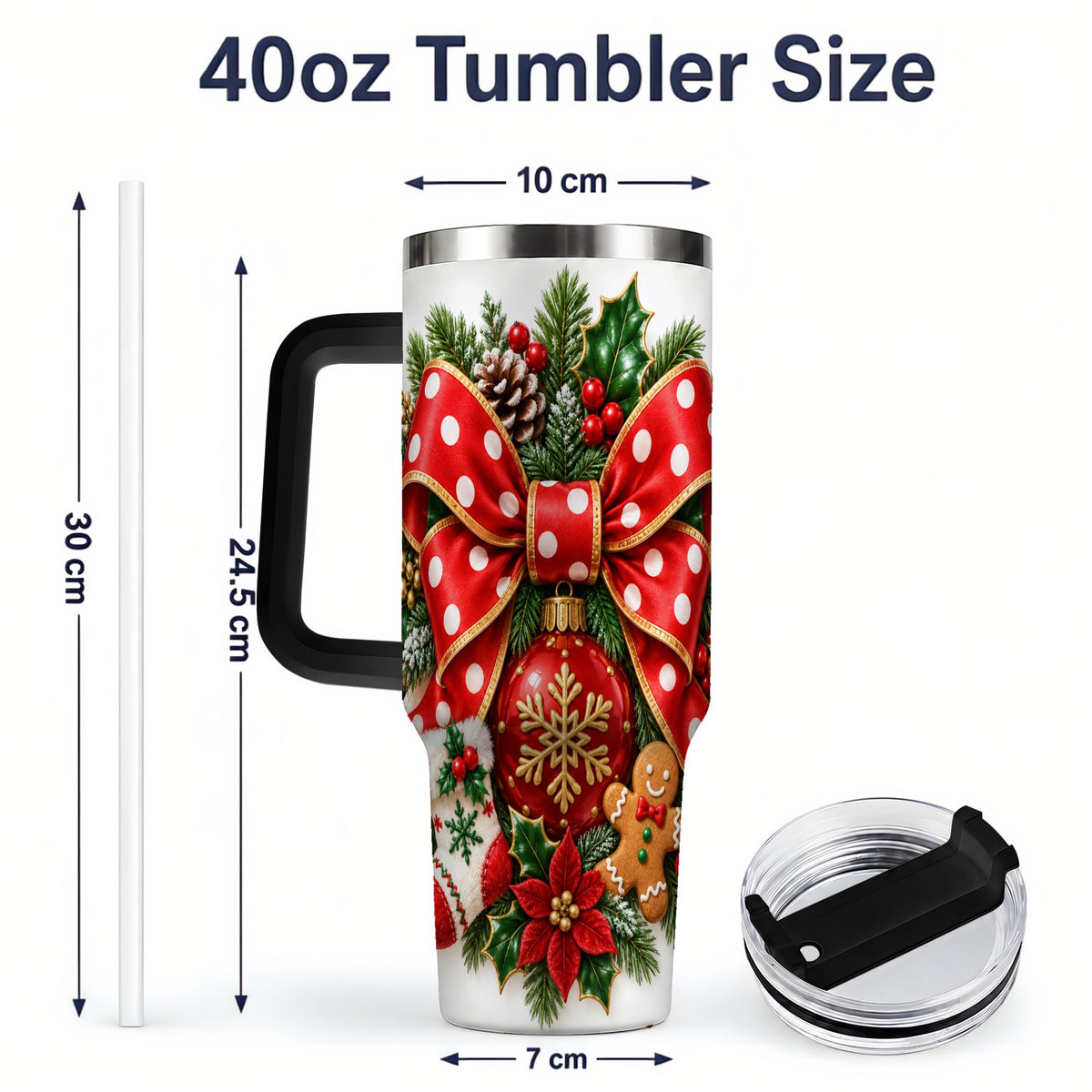 #pl[40oz|Black] Christmas Wreath Bow Handled Tumbler, 40oz Holiday Drinkware