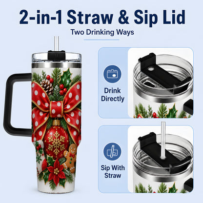 #pl[40oz|Black] Christmas Wreath Bow Handled Tumbler, 40oz Holiday Drinkware
