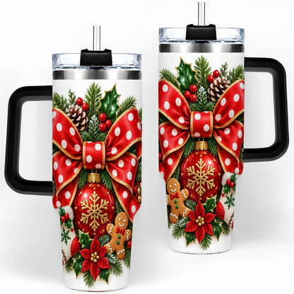 #pl[40oz|Black] Christmas Wreath Bow Handled Tumbler, 40oz Holiday Drinkware