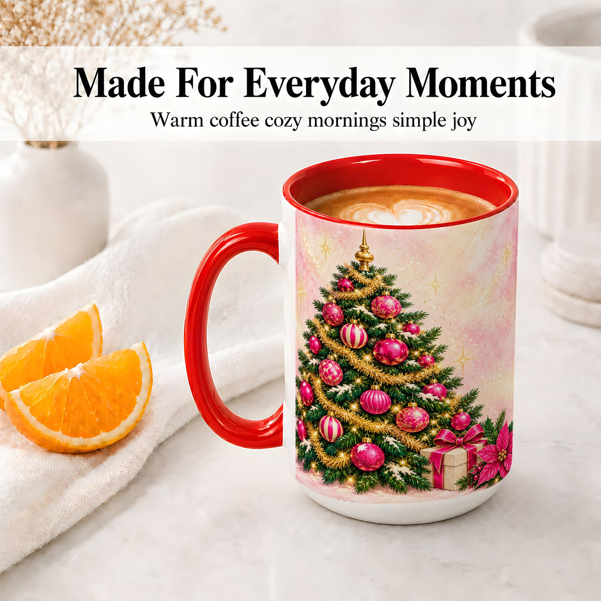 #pl[15oz|Red] Pink Christmas Ornaments Accent Mug, Ceramic Cup with Tree Art